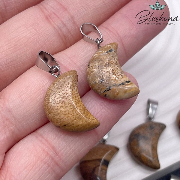 18*13 мм Цвет серебро, Подвеска полумесяц Яшма пейзажная