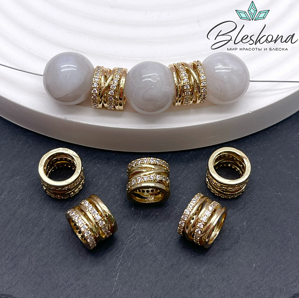 7*9,5 мм, Цвет золото, Бусина цилиндр цирконы