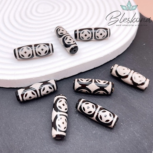 Бусина Дзи 4 монеты черно- белый бочонок 30*11 мм