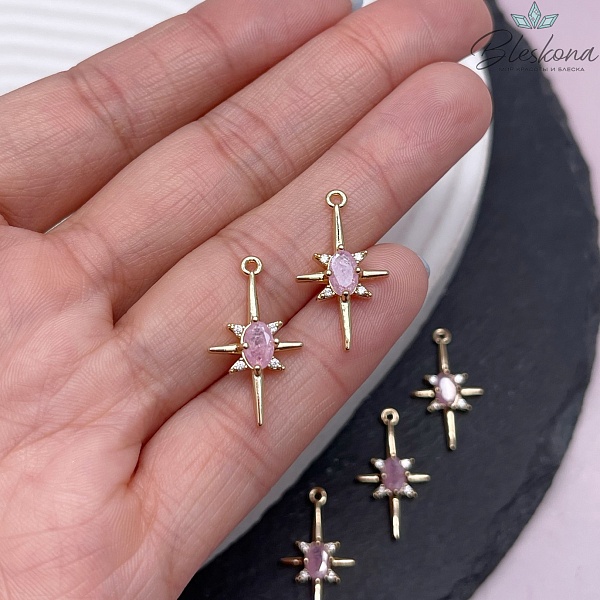 22,5*12,5 мм Цвет золото, Подвеска серверная звезда розовое стекло