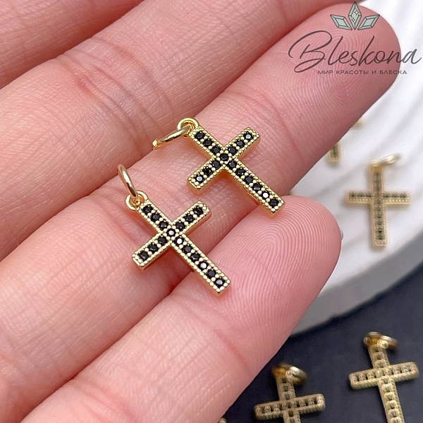 17*10 мм Цвет золото, Подвеска крест черные цирконы 