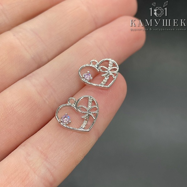 12*13,5мм Цвет серебро, Подвеска сердце бантик цирконы