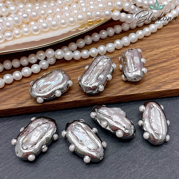 26*17 мм Цвет серебро, Бусина  Жемчуг зауженный овал