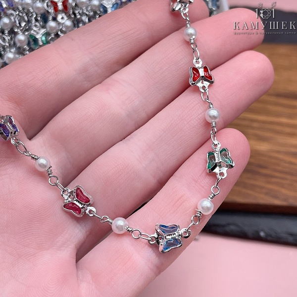 Цепь №274 цвет серебро, бабочки микс/шар имитация жемчуга