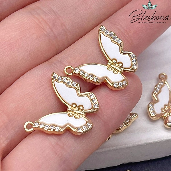 17,5мм,Цвет золото, Подвеска Бабочка белая эмаль , цирконы 