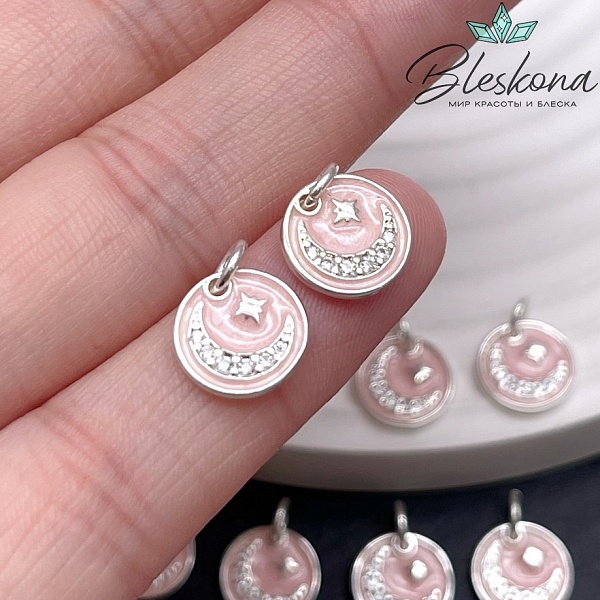 10 мм Цвет серебро, Подвеска круг полумесяц  цирконы, розовая эмаль