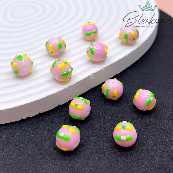 10 мм Бусина шар розовый полоски