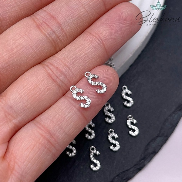 9,4 мм Цвет серебро, Буква S цирконы 