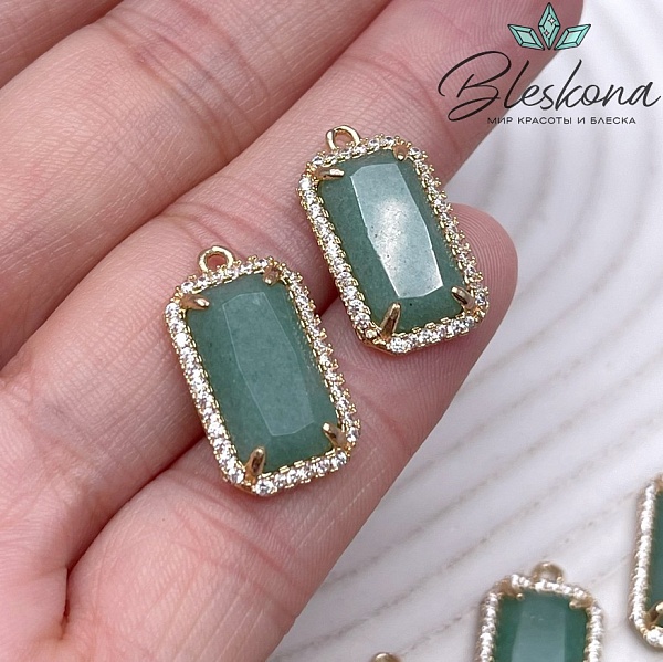 12*21мм, цвет золото ,Подвеска Прямоугольник Авантюрин в обрамлении цирконы