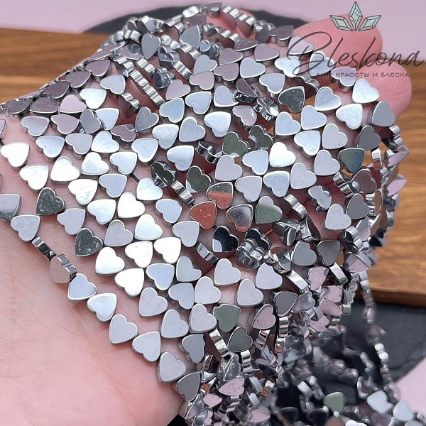 6 мм Гематин, темное серебро, сердце отверстие поперек имитация