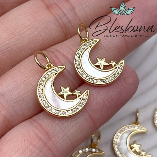 16,5*14 мм Цвет золото, Подвеска полумесяц со звездой перламутр и цирконы