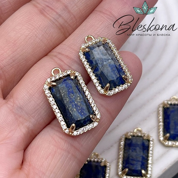 12*21мм, цвет золото ,Подвеска Прямоугольник Лазурит в обрамлении цирконы