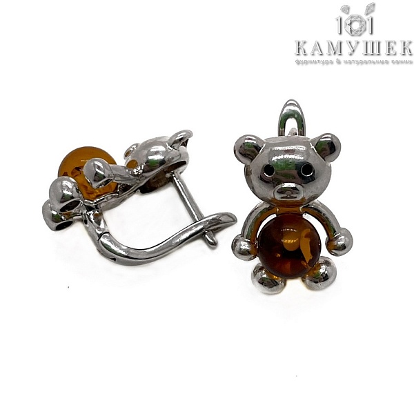 Швензы Мишка светлый янтарь, цвет серебро 12*16,5мм