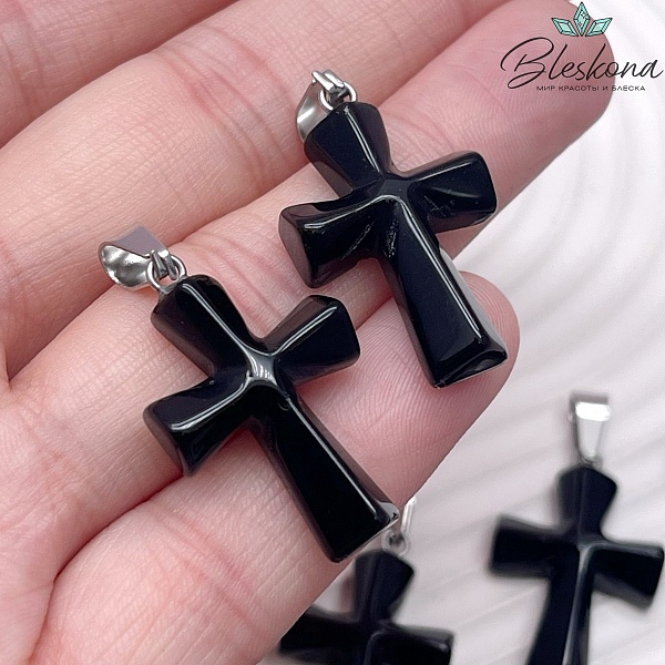 Подвеска крест Обсидиан, цвет серебро 28*17,5 мм