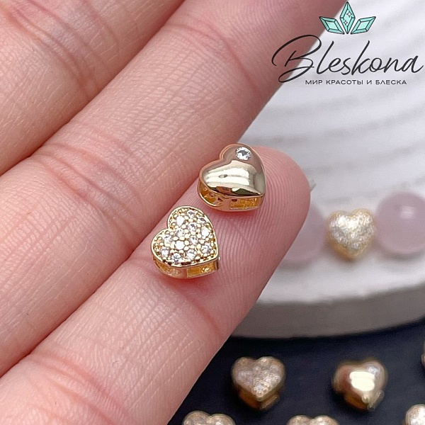 6,5 мм Цвет золото, Бусина Сердце цирконы 