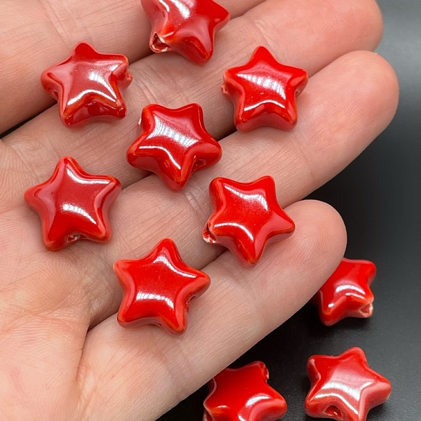 14 мм Бусина звезда, керамика цвет красный