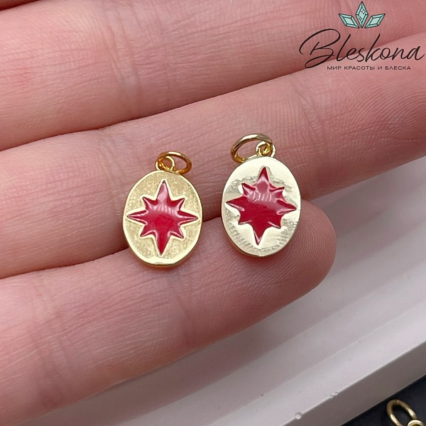 13,8*9,2 мм,Цвет золото, Подвеска овал северная звезда красная эмаль