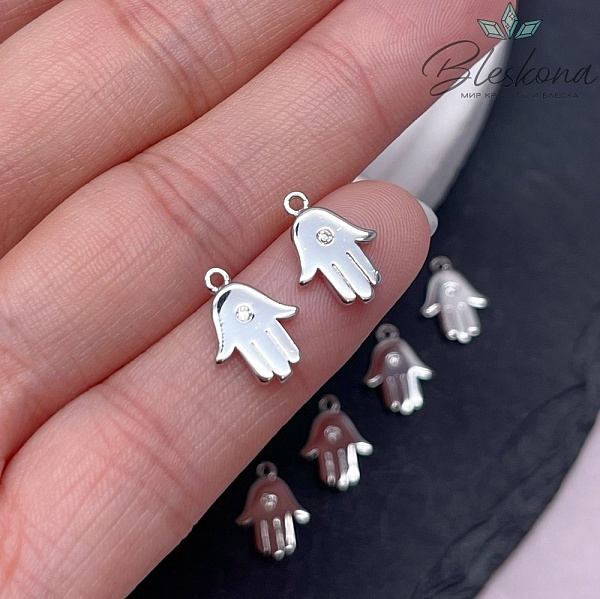 12,3*9 мм Цвет серебро, Подвеска Рука Фатимы циркон 