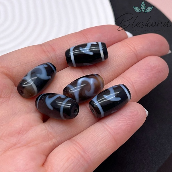 Бусина Дзи Зеленая тара бело-черный бочонок 20*11 мм