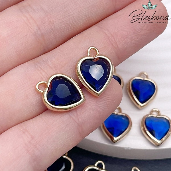 12 мм, Цвет золото, Подвеска сердце стекло синее