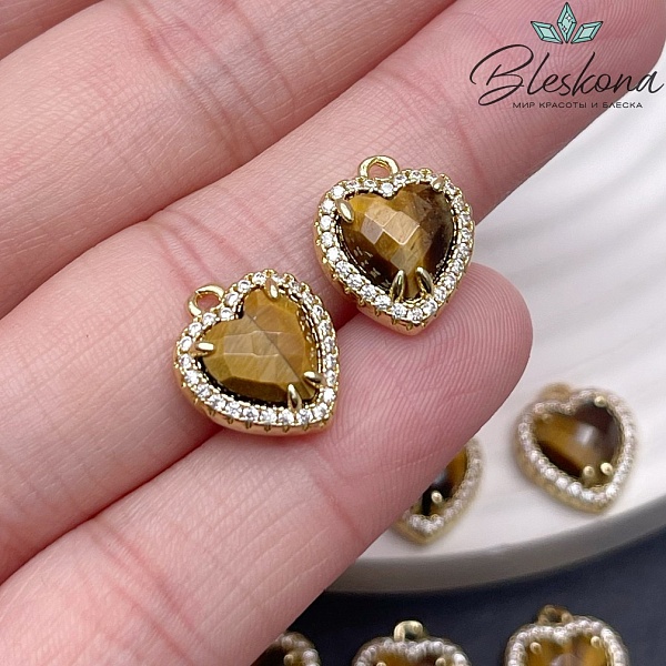 12*14мм ,цвет золото, Подвеска Сердце в обрамлении Тигровый Глаз огранка цирконы