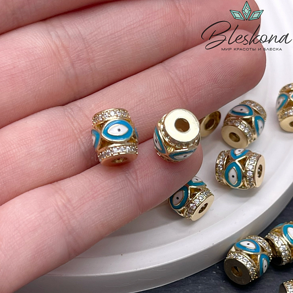 10*9,5 мм Цвет золото, Бусина бочонок глаза цирконы голубая эмаль