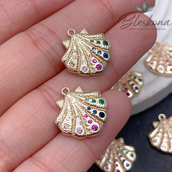 16,7*17,5мм Цвет золото, Подвеска ракушка цирконы микс 