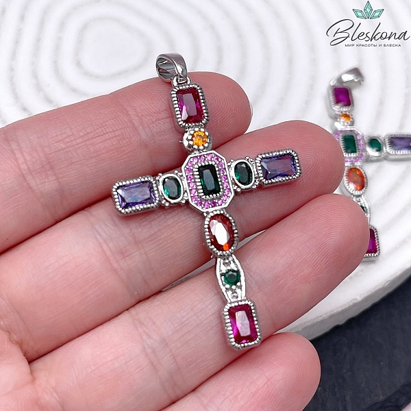 45,6*31 мм Цвет серебро, Подвеска Крест прямоугольные цирконы микс