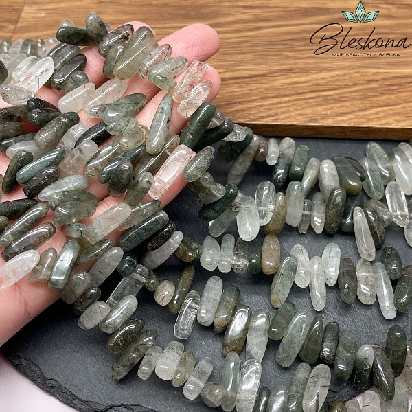 Кварц Рутиловый зеленый сколы шлифованные №6 10-19 мм