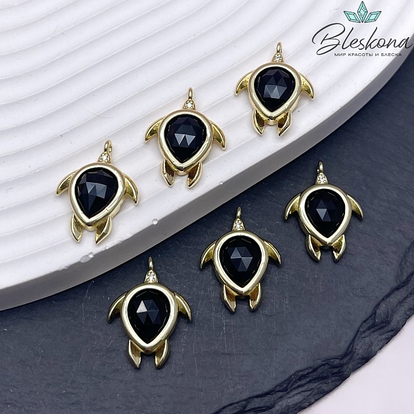 19*15 мм, Цвет золото, Подвеска Черепаха Черный Агат