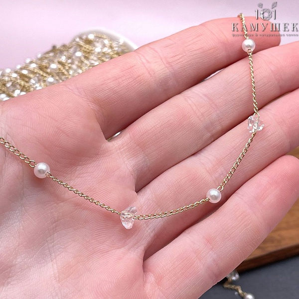 Цепь №273-1 цвет золото 2*1,3 мм, имитация жемчуга