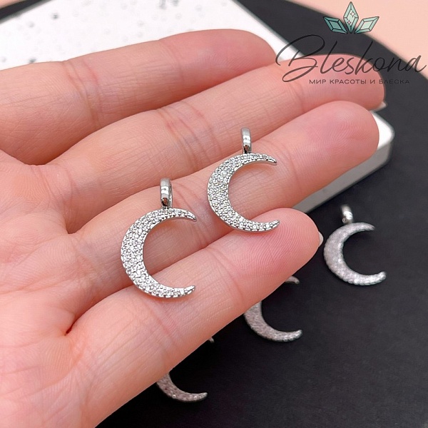 12,5*21,6 мм Цвет серебро, Подвеска полумесяц цирконы 