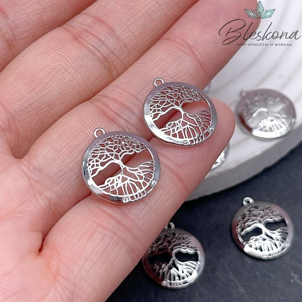 16,6*14,8 мм Цвет серебро, Подвеска круг дерево Жизни цирконы