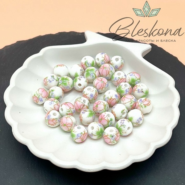 10 мм Керамика Бусина роспись гжель №6 (штучно)