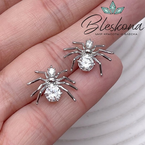 12,7*17,3 мм Цвет серебро, Подвеска Паук с цирконами 