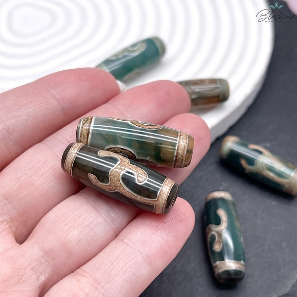 Бусина Дзи Руи зелено-коричневый бочонок 30*11 мм