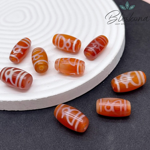 Бусина Дзи Кубера бело-коричневый бочонок №1 20*11 мм