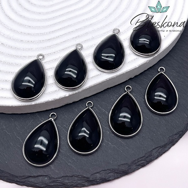 30*19 мм Цвет серебро, Подвеска капля Агат черный