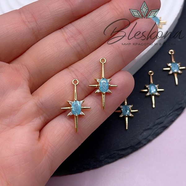 22,5*12,5 мм Цвет золото, Подвеска серверная звезда голубое стекло