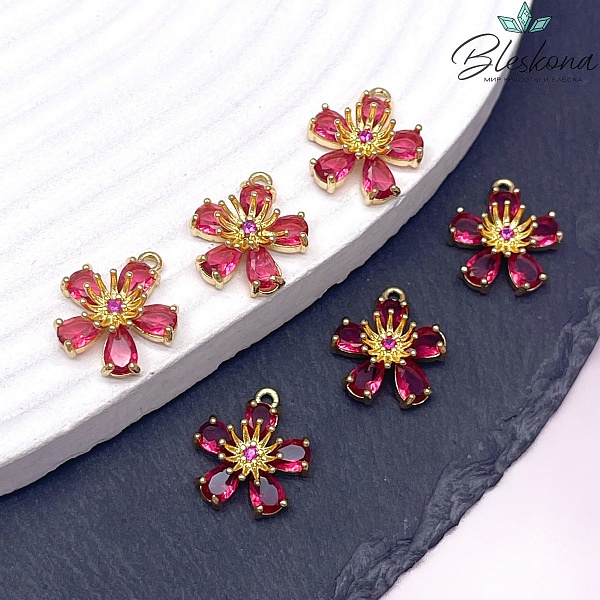 14мм, Цвет золото, Подвеска цветок  малиновый циркон