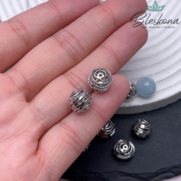 10 мм Цвет серебро, Бусина шар волнами