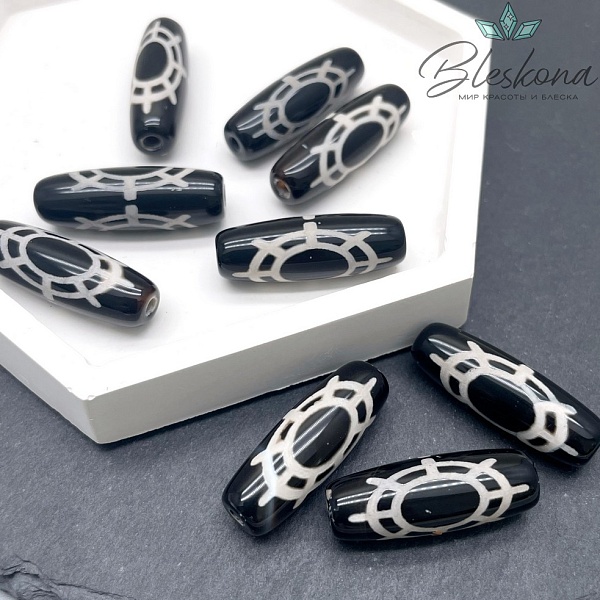 Бусина Дзи Колесо Фартуны черно-белый бочонок 30*11 мм