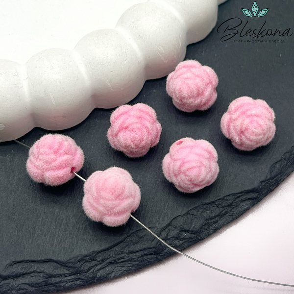 12мм Бархатная бусина Цветок - Роза, Цвет нежно-розовый