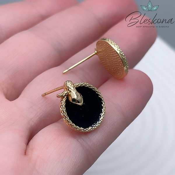 14,5*13 мм Цвет золото, Пусеты змея черная эмаль, зеленые цирконы 