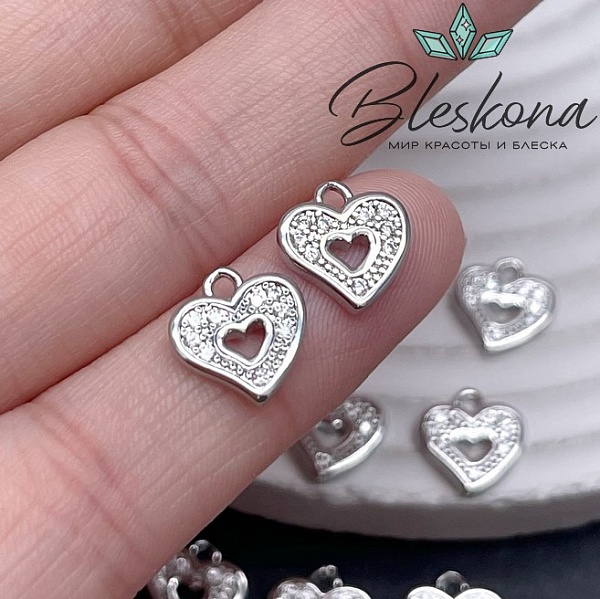 10,3*10 мм Цвет серебро, Подвеска сердце цирконы 