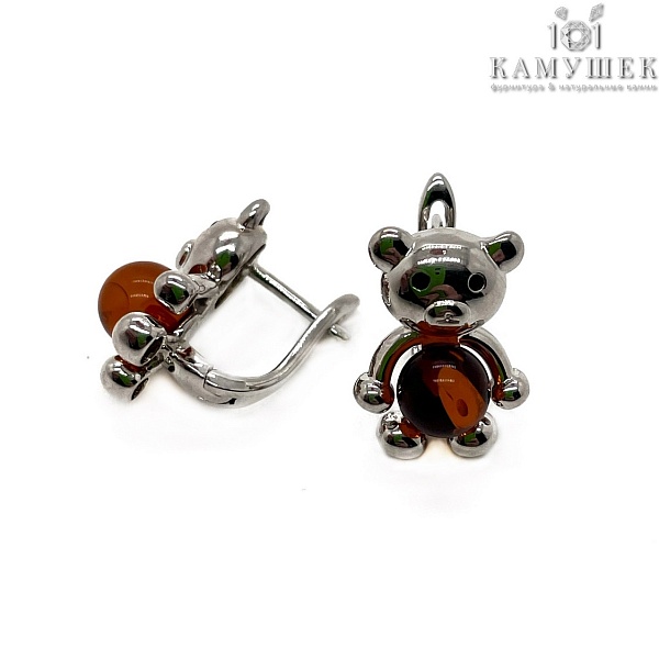 Швензы Мишка темный янтарь, цвет серебро 12*16,5мм