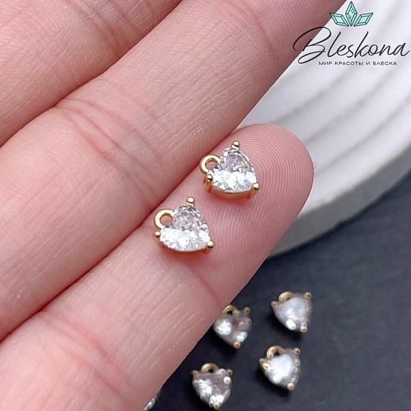 8*6 мм Цвет золото, Подвеска сердце мини белый циркон 