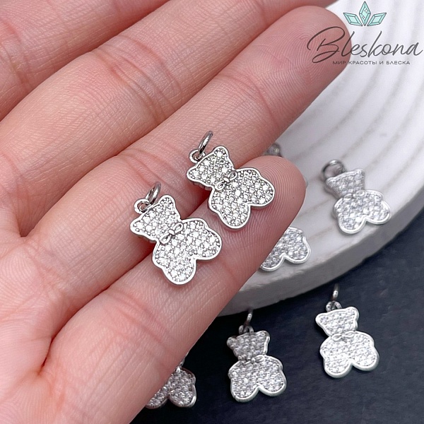 14*10 мм Цвет серебро, Подвеска Мишка с бантиком цирконы