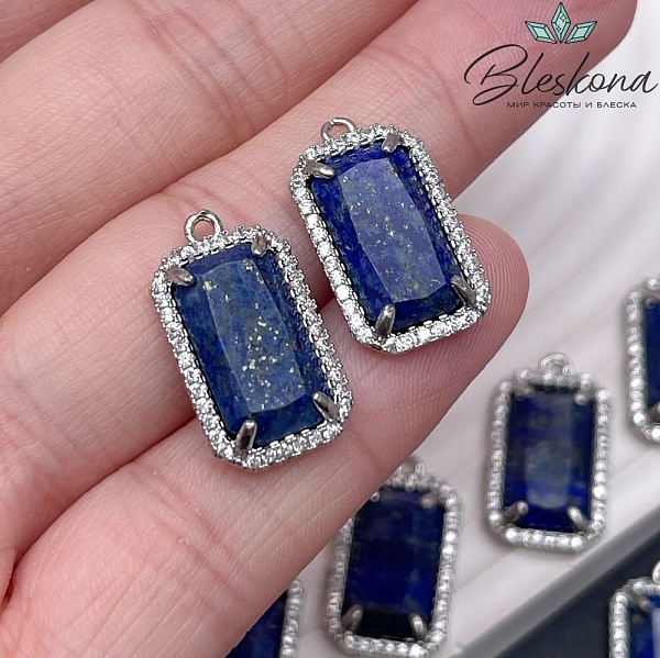 12*21мм, цвет серебро ,Подвеска Прямоугольник Лазурит в обрамлении цирконы