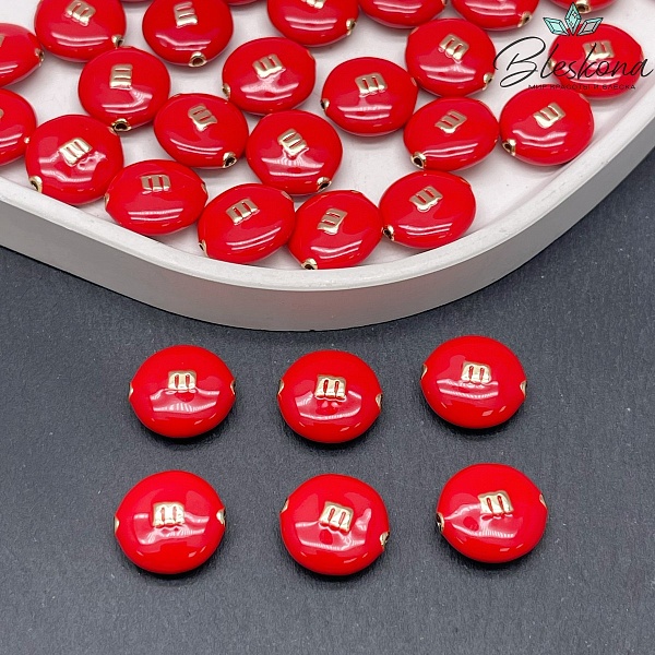 14*13 мм Цвет золото, Бусина M&M`s красная эмаль